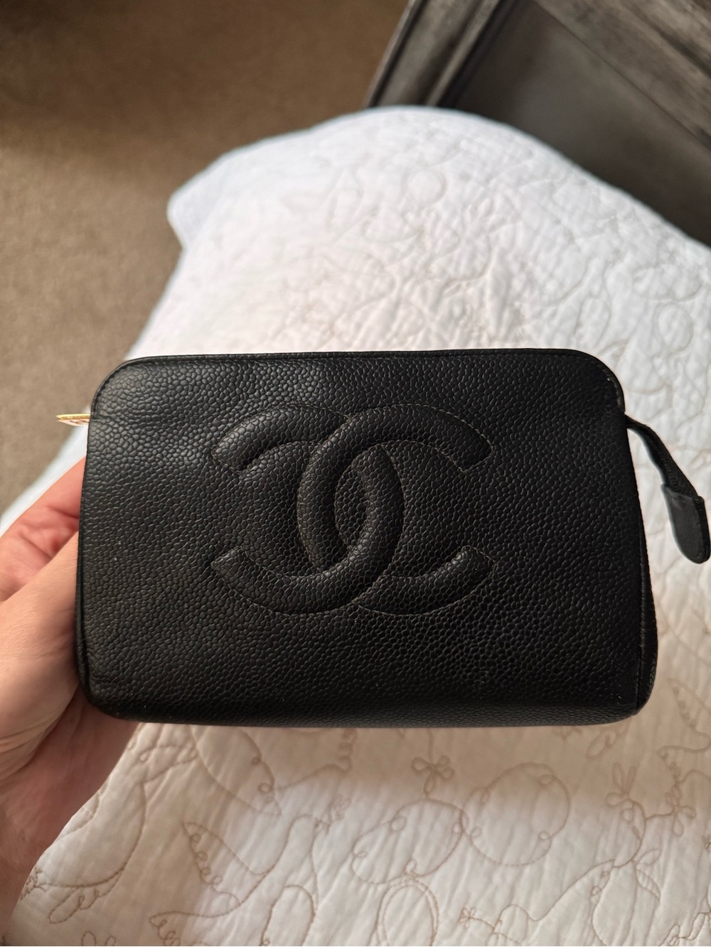 CHANEL Black Caviar Leather Cosmetic Pouch with CC Logo